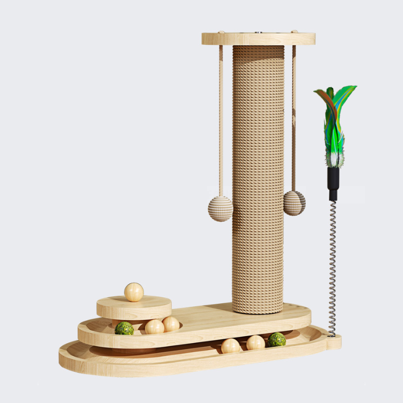 Pawsometime Holz Kratzbaum mit Katzenbahn Spielzeug, Sisal Kratzbaum für mittelgroße und kleine Katzen