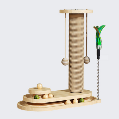 Pawsometime Holz Kratzbaum mit Katzenbahn Spielzeug, Sisal Kratzbaum für mittelgroße und kleine Katzen