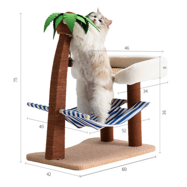 Katzenbaum Modern mit Kokosnussbaum-Design und Hängematte, Tropischen Insel-Stil, Gesunde und glückliche Krallenpflege