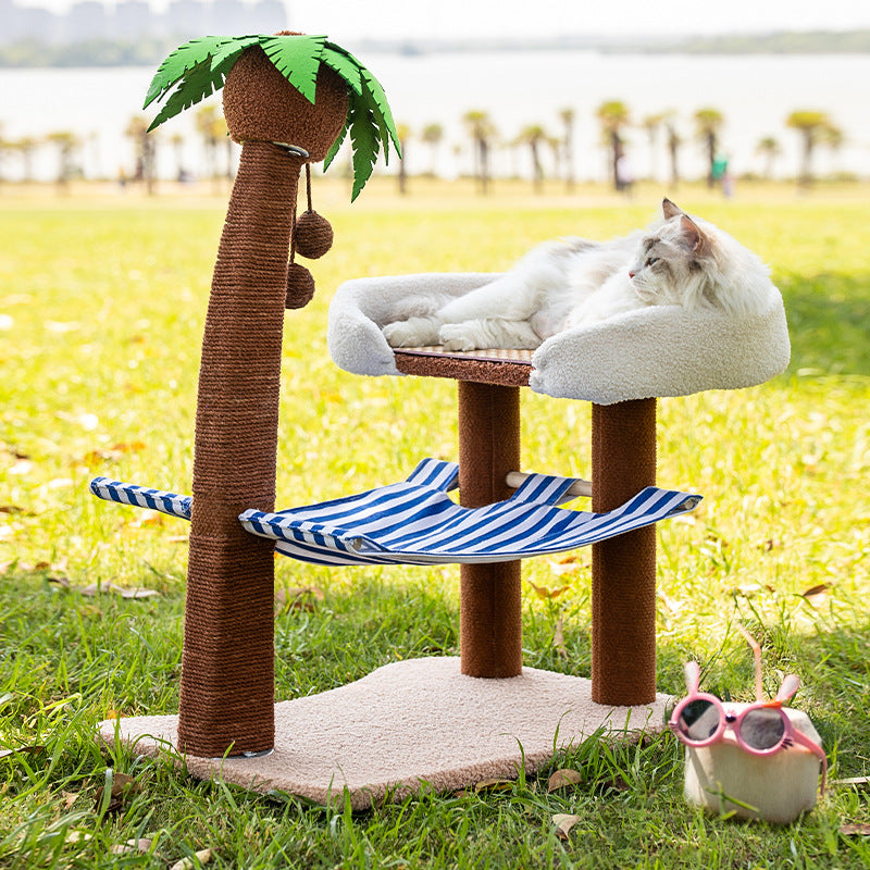Katzenbaum Modern mit Kokosnussbaum-Design und Hängematte, Tropischen Insel-Stil, Gesunde und glückliche Krallenpflege