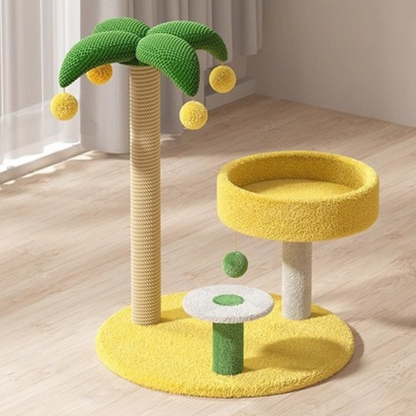 Kratzbaum groß, Kokosnussbaum-Design mit Plattform, Kompakte und platzsparende Kratzsäule mit Plüschball