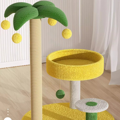 Kratzbaum groß, Kokosnussbaum-Design mit Plattform, Kompakte und platzsparende Kratzsäule mit Plüschball