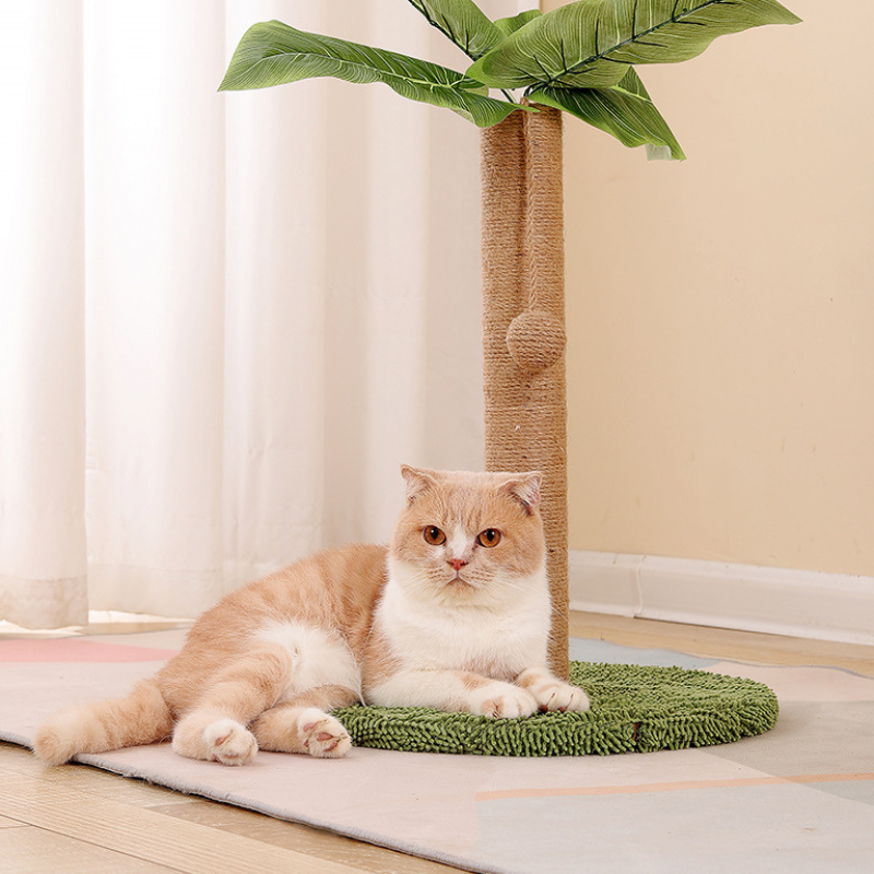 Holz Katzenkratzbaum, Stehende Katzenkratzsäule im Kokosbaum-Design, aus Sicheren Materialien, Braun und Grün