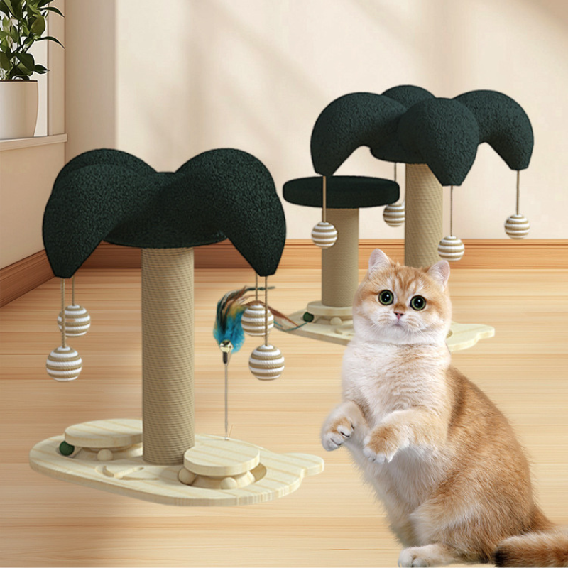 Kratzbaum Massivholz mit Interaktivem Kätzchen Drehteller, Kratzsäule für Katzen, Gesunde Krallenpflege