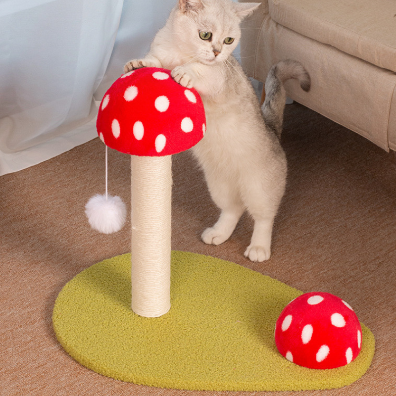 Platzsparender Kratzbaum, Rotes Pilzdesign, Sisal Kratzsäule für Katzen, Kuschelige Plüsch-Oberfläche