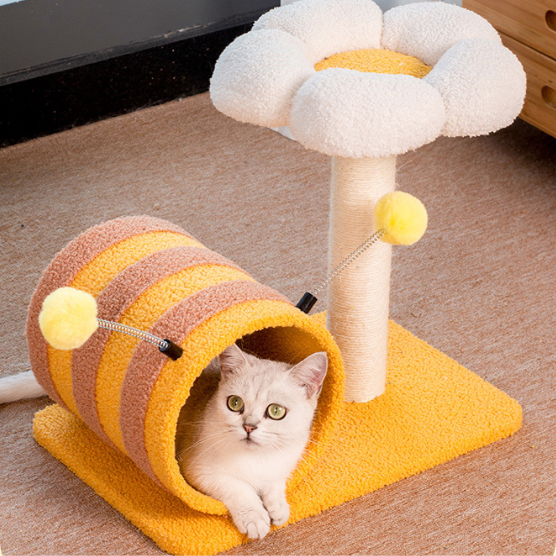 Liegefläche kratzbaum mit Plüschspielzeug, Bienen-Themen, Multifunktionaler Katzenbaum mit Katzenbett und Tunnel
