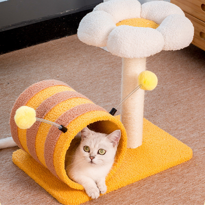 Liegefläche kratzbaum mit Plüschspielzeug, Bienen-Themen, Multifunktionaler Katzenbaum mit Katzenbett und Tunnel