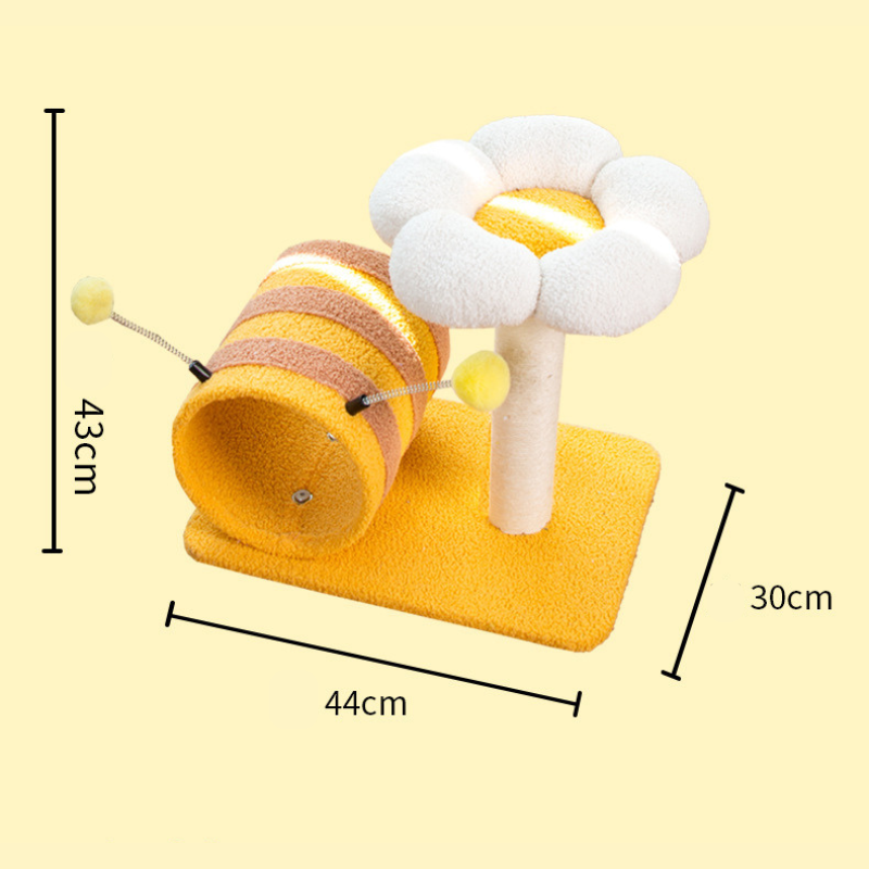 Liegefläche kratzbaum mit Plüschspielzeug, Bienen-Themen, Multifunktionaler Katzenbaum mit Katzenbett und Tunnel
