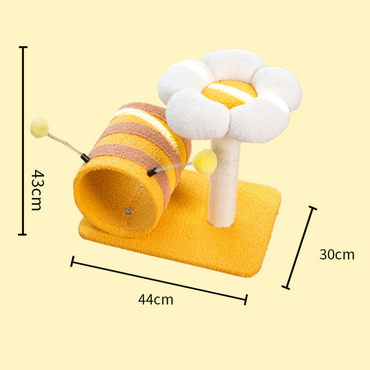 Liegefläche kratzbaum mit Plüschspielzeug, Bienen-Themen, Multifunktionaler Katzenbaum mit Katzenbett und Tunnel