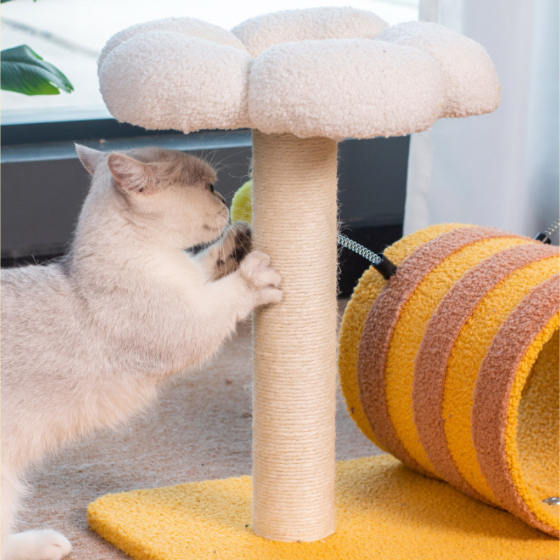 Liegefläche kratzbaum mit Plüschspielzeug, Bienen-Themen, Multifunktionaler Katzenbaum mit Katzenbett und Tunnel