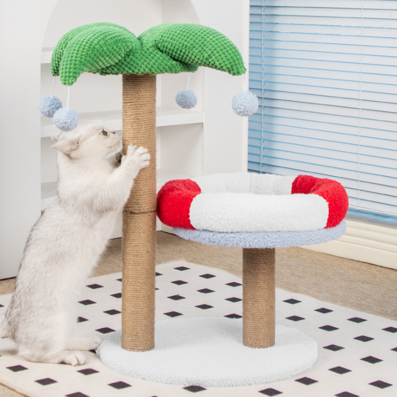 Kratzbäume mit Liegemulden, Kokosnussbaum Katzenkratzbaum mit katzenbett im Rettungsring Design, Farbige Dekoration