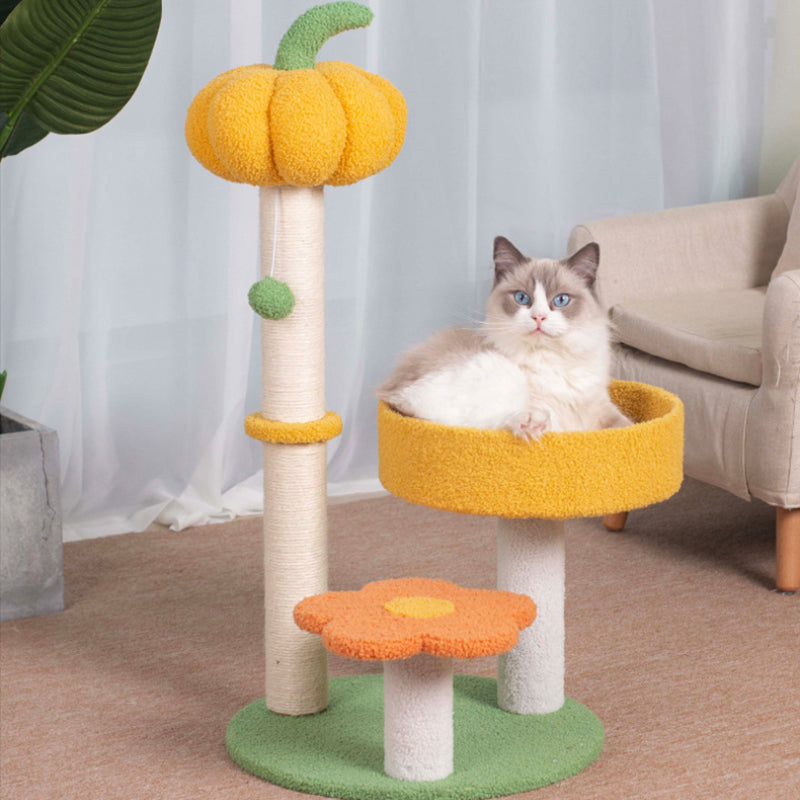 Moderner Kratzbaum, Stabiler Kürbisförmiges Kratzsäule & Katzenbett, Hochwertige Katzenklettergerüst, Interaktives Katzenball