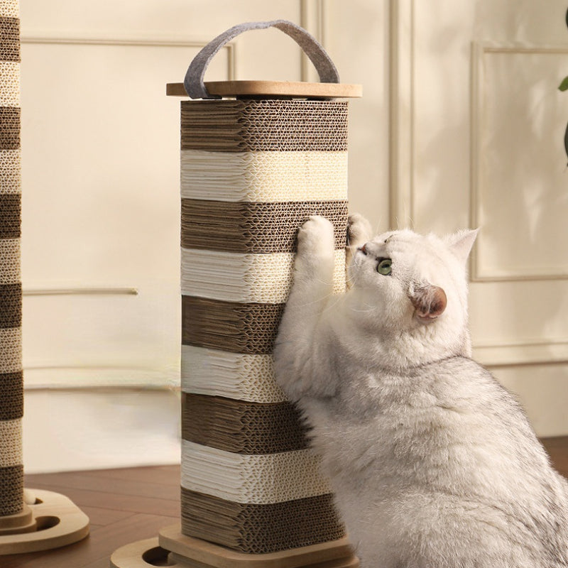 Moderner Kratzbaum, Dicker Wellpappe mit Spielball aus massivem Holz, Höhenverstellbar & Tragbar, für Katzen aller Größen
