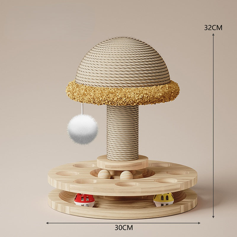 Kratzbaum Holz, Pilzform Katzenkratzbaum aus Massivholz mit Drehplattform & interaktivem Ball für zufriedene Katzen