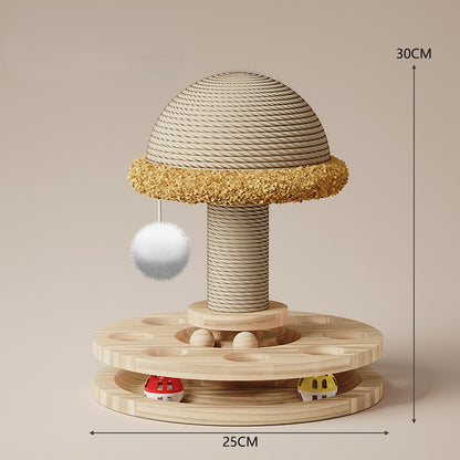 Kratzbaum Holz, Pilzform Katzenkratzbaum aus Massivholz mit Drehplattform & interaktivem Ball für zufriedene Katzen