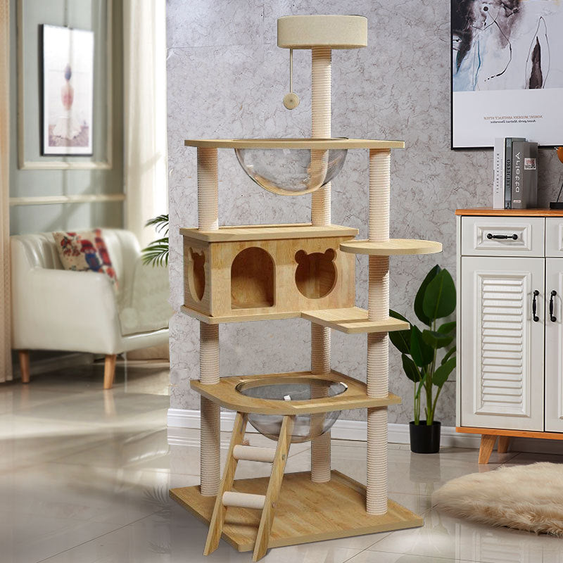 Katzenbaum für große Katzen, 2-in-1 Katzenkratzer und Katzenhöhle aus Massivholz mit Katzenspielzeug und Plattformen