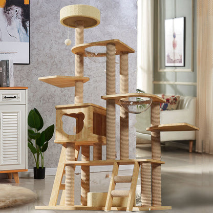Katzenbaum für große Katzen, 2-in-1 Katzenkratzer und Katzenhöhle aus Massivholz mit Katzenspielzeug und Plattformen
