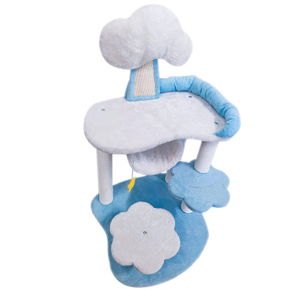 Cat Tree, Katzenbaum mit Liegeflächen, Wolken Design Spielplattform, Katzenmöbel aus Massivholz, Weiß und Blau