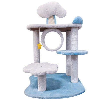 Cat Tree, Katzenbaum mit Liegeflächen, Wolken Design Spielplattform, Katzenmöbel aus Massivholz, Weiß und Blau
