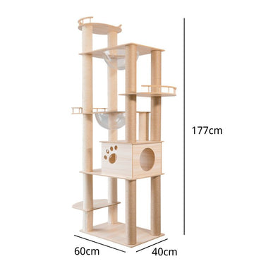 Katzenbaum Luxus, 177cm Hoch Kratzbaum mit Mehreren Ebenen, Robustes Holzdesign, Katzenklettermöbel für Groß und Klein Katzen
