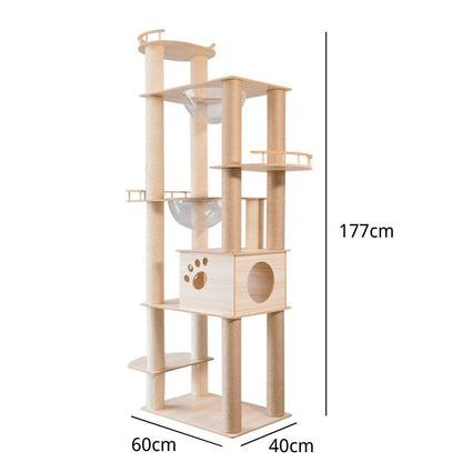 Katzenbaum Luxus, 177cm Hoch Kratzbaum mit Mehreren Ebenen, Robustes Holzdesign, Katzenklettermöbel für Groß und Klein Katzen