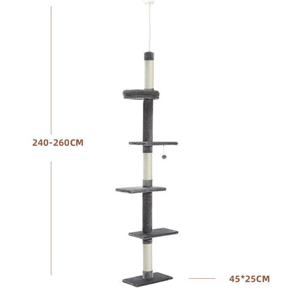 Katzen Baum, Fünf Etagen klettertürmen in Grau mit Kratzsäulen, Hochwertiger Katzenbaum, 45x25x260 cm