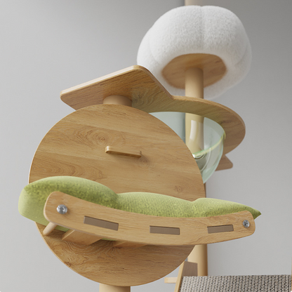 Holz Katzenbaum, 140cm hoch mit Katzenbett, Plüschbällen und Raumkapsel, Multifunktionaler, Grün