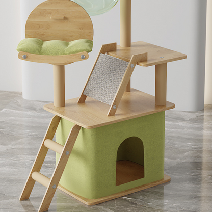 Holz Katzenbaum, 140cm hoch mit Katzenbett, Plüschbällen und Raumkapsel, Multifunktionaler, Grün