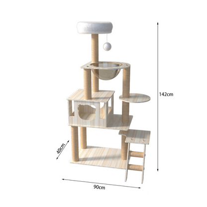 Luxus Katzenbaum, Grosse Katzenbäume 142cm, Multifunktionaler Katzenspielplatz, Eingebautes Katzenbett