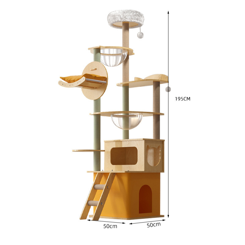 Katzenbaum aus Holz, Stabiler Holzrahmen mit Raumkapseln und Hängematte, Sicherer Kletterturm für Groß und Klein, Gelb oder Grün