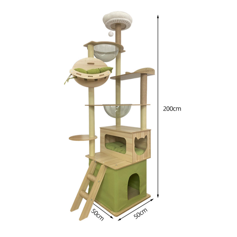 Katzenbaum aus Holz, Stabiler Holzrahmen mit Raumkapseln und Hängematte, Sicherer Kletterturm für Groß und Klein, Gelb oder Grün