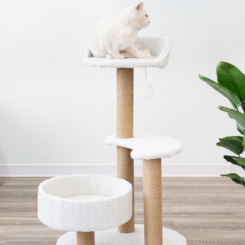 Katzen Baume, mit Sprungplattform, Leichter Aufbau, Ideal für aktive Katzen, Stabiler und platzsparender Kratzbaum, Weiß