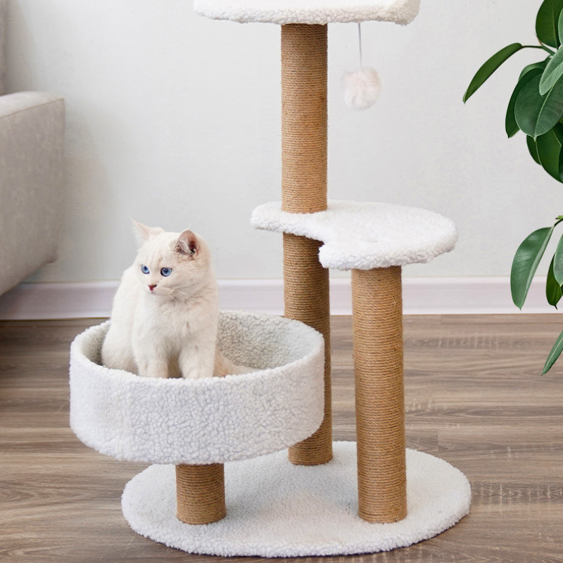 Katzen Baume, mit Sprungplattform, Leichter Aufbau, Ideal für aktive Katzen, Stabiler und platzsparender Kratzbaum, Weiß