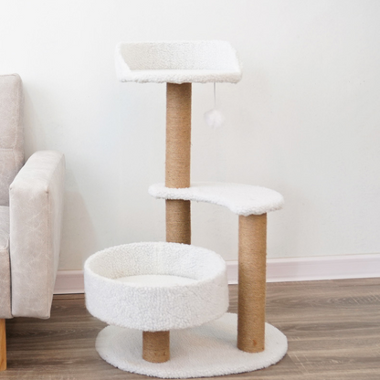 Katzen Baume, mit Sprungplattform, Leichter Aufbau, Ideal für aktive Katzen, Stabiler und platzsparender Kratzbaum, Weiß