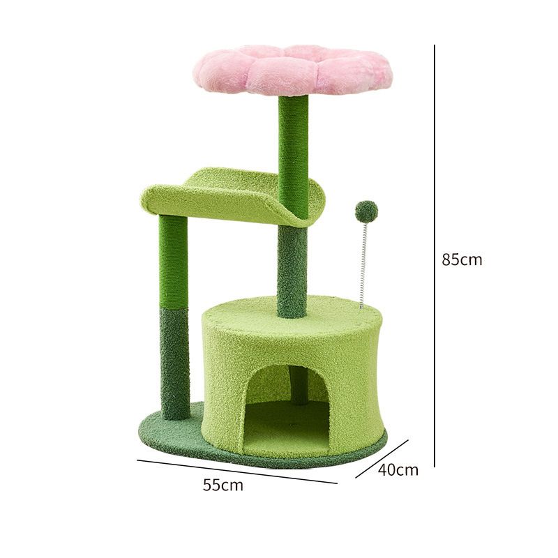 Katzenbaum, Katzenbaum Klein mit Spielzeug, Blumenförmigen Plattformen, Grün und Rosa, 85cm Höhe