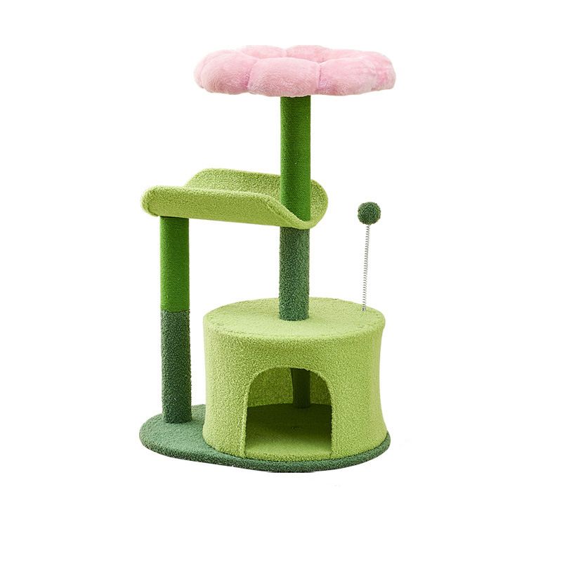 Katzenbaum, Katzenbaum Klein mit Spielzeug, Blumenförmigen Plattformen, Grün und Rosa, 85cm Höhe