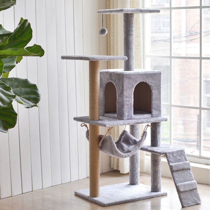 Katzenbaum, 3-in-1 Kletterbaum mit Katzenhaus, Kratzsäule und Spielball, Hochwertige Hanfseil- und Plüschmaterialien