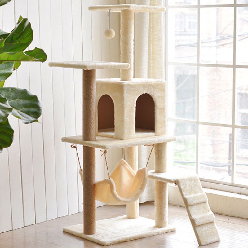 Katzenbaum, 3-in-1 Kletterbaum mit Katzenhaus, Kratzsäule und Spielball, Hochwertige Hanfseil- und Plüschmaterialien