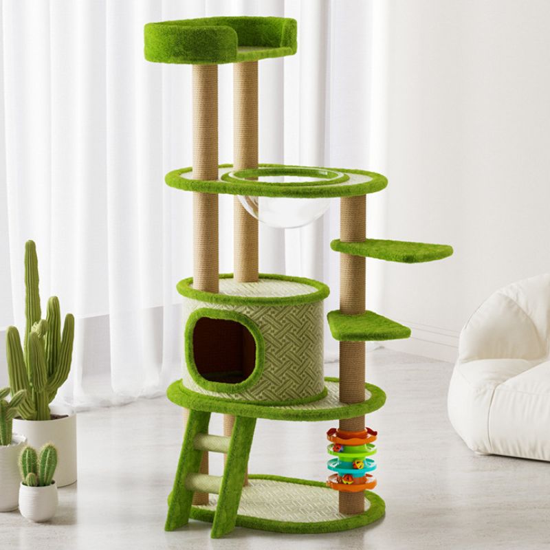 Kratzbaum Baum, Rattanmatte, Sommer Kühle Kletterbaum mit Kratzbaum, Spielzeug und Katzenbett, grün