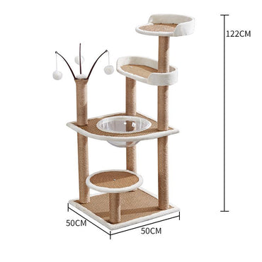 Hochwertiger Katzenbaum, Multifunktionale Katzenbaum mit Rattanmatte, Kratzbaum und Plattform, Stabiler, Braun und Weiß