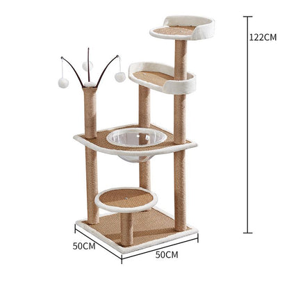 Hochwertiger Katzenbaum, Multifunktionale Katzenbaum mit Rattanmatte, Kratzbaum und Plattform, Stabiler, Braun und Weiß