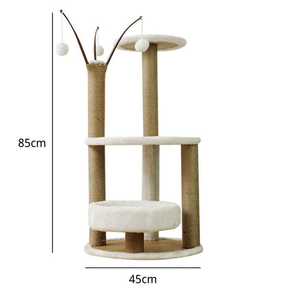 Hochwertiger Katzenbaum, Multifunktionale Katzenbaum mit Rattanmatte, Kratzbaum und Plattform, Stabiler, Braun und Weiß