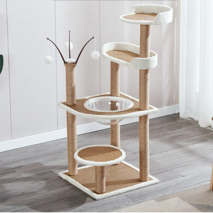 Hochwertiger Katzenbaum, Multifunktionale Katzenbaum mit Rattanmatte, Kratzbaum und Plattform, Stabiler, Braun und Weiß