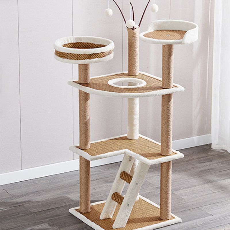 Hochwertiger Katzenbaum, Multifunktionale Katzenbaum mit Rattanmatte, Kratzbaum und Plattform, Stabiler, Braun und Weiß