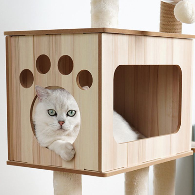 Katzenbaum Stabil, Katzenkratzbaum aus Holz für Katzen, Robustes Kratzmöbel mit Höhle, Natur, 135 cm Höhe