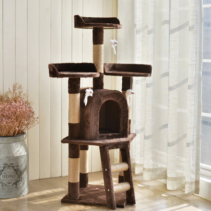 Katzenbaum groß, Braun Luxus Kratzbaum für Mehr Katzen, mit 3 Spielbällen & Katzenhaus aus weichem Plüsch