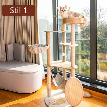 Katzenbaum für 2 Katzen, Katzenhaus und Kratzbaum in Einem, Großer Katzenbaum mit Spielzeugbällen, Beige