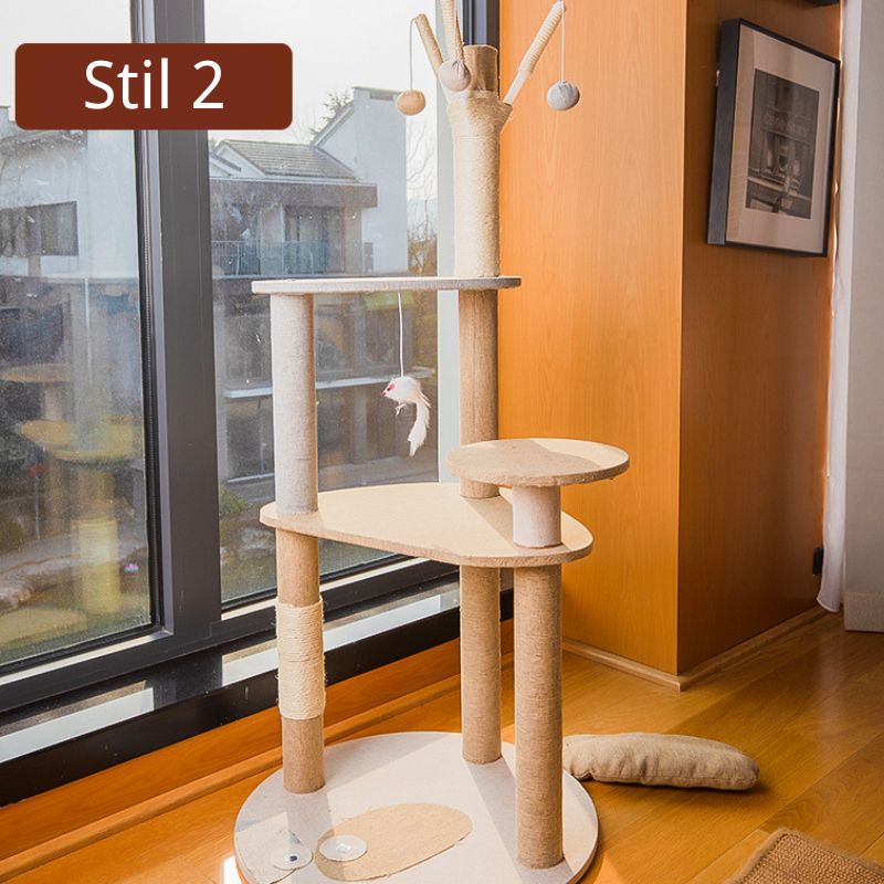 Katzenbaum für 2 Katzen, Katzenhaus und Kratzbaum in Einem, Großer Katzenbaum mit Spielzeugbällen, Beige