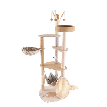 Katzenbaum für 2 Katzen, Katzenhaus und Kratzbaum in Einem, Großer Katzenbaum mit Spielzeugbällen, Beige