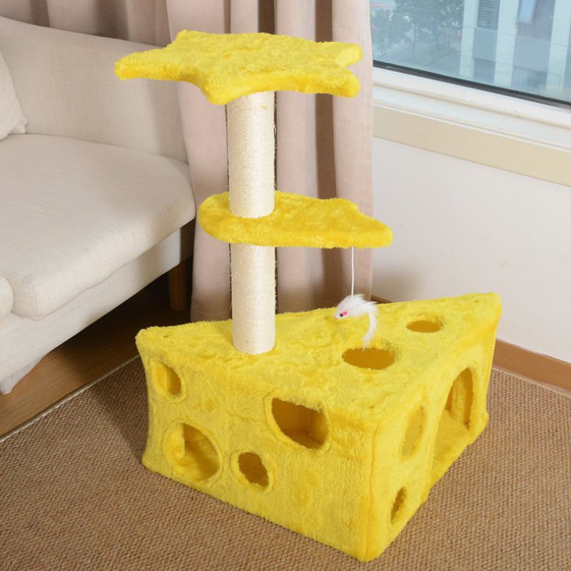Kleiner katzenbaum, kreativem Käse-Design, Katzen Baum mit Maus Plüschtier, platzsparend, 73cm, Gelb